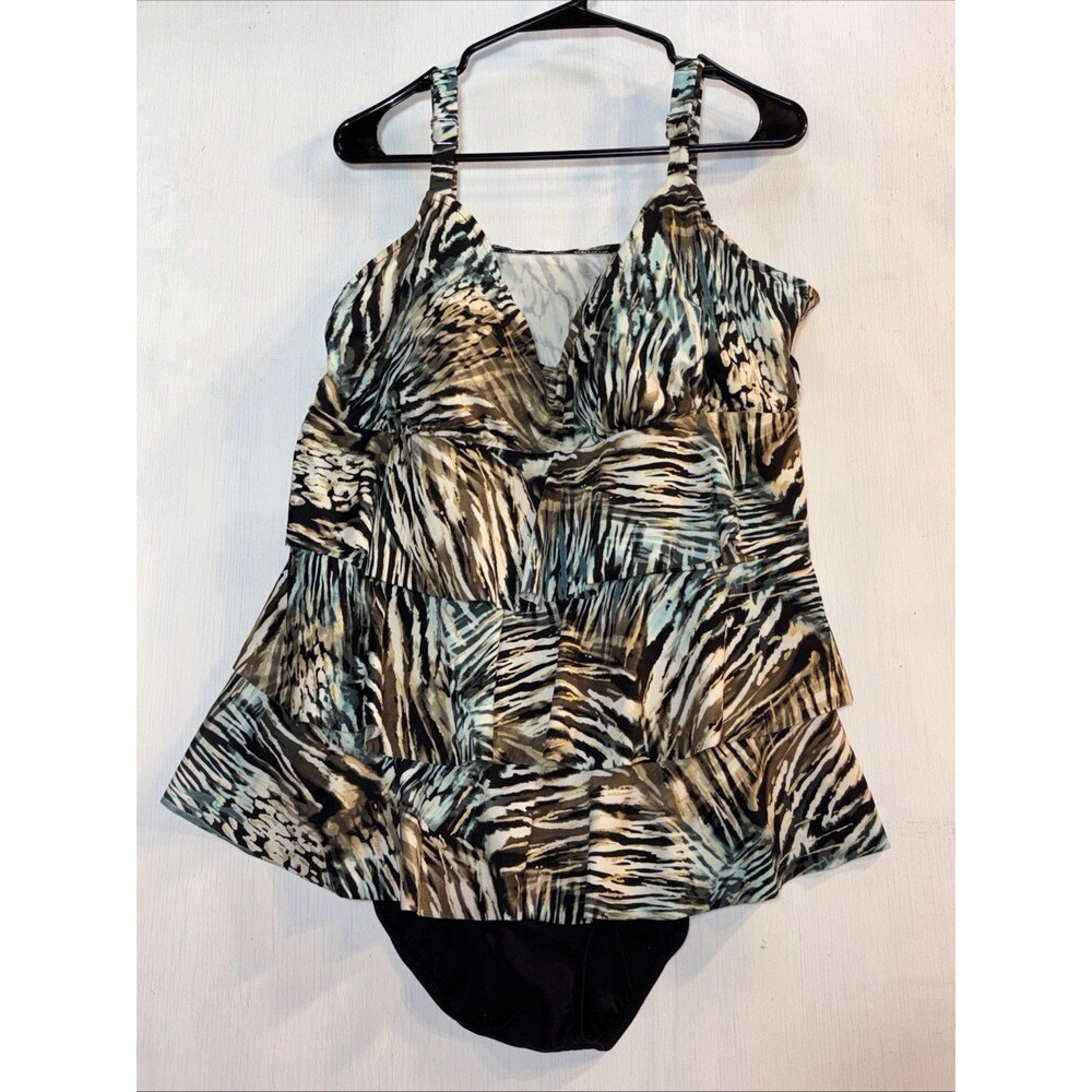 Paradise Bay One Piece  Padded Swimsuit Flowy Top Women's Size 20W Brown Print